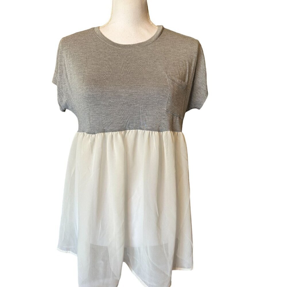 Haute Society Women's Contrast Tunic Top Sz S Gray White Cotton Poly Made In US